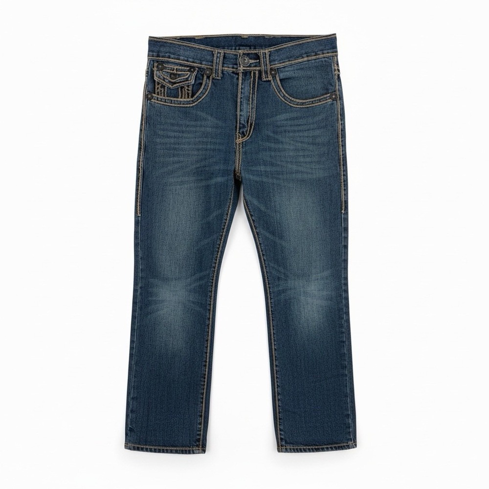 True Religion Ricky Jeans Mens 34x28 Relaxed Straight Thick Stitch Flap Pockets